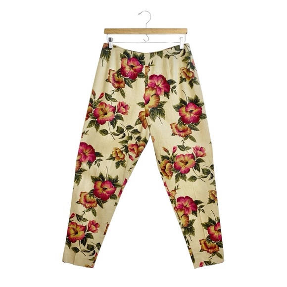VTG Express Women's Beige/Red Floral High Rise Straight Leg Linen Blend Pants - Picture 1 of 6